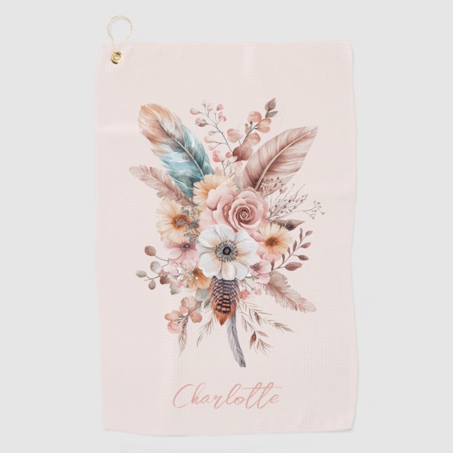 Custom Name Pink Boho Flower & Feathers Elegant  Golf Towel (Front)