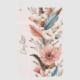 Custom Name Pink Boho Flower & Feathers  Golf Towel