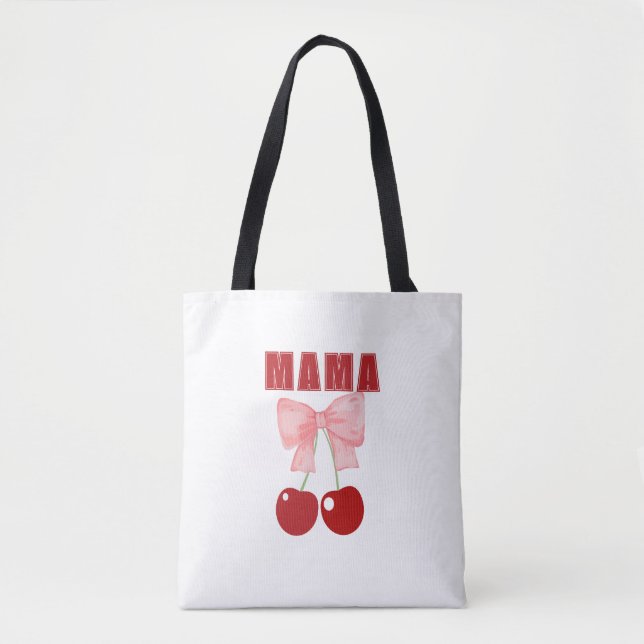 Custom name, Pink Bow and Red Cherries Coquette Tote Bag (Front)