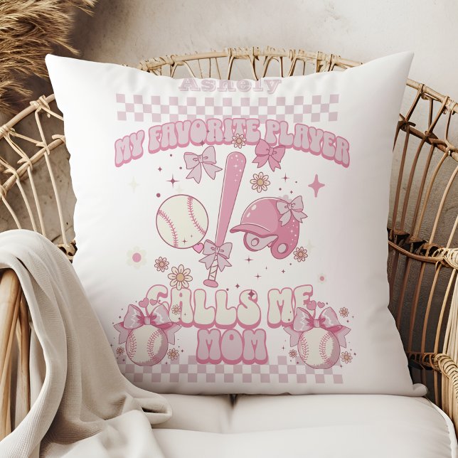 Custom Name Pink Bow Baseball Throw Pillow (Creator Uploaded)