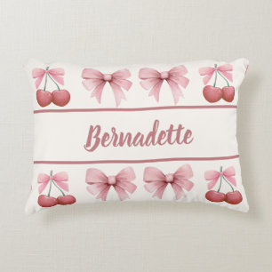 Custom Name Pink Bows and Cherries Girly Coquette Accent Pillow