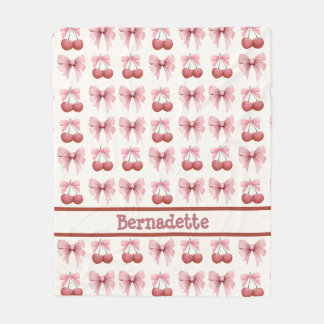 Custom Name Pink Bows and Cherries Girly Coquette Fleece Blanket