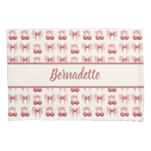 Custom Name Pink Bows and Cherries Girly Coquette Pillow Case