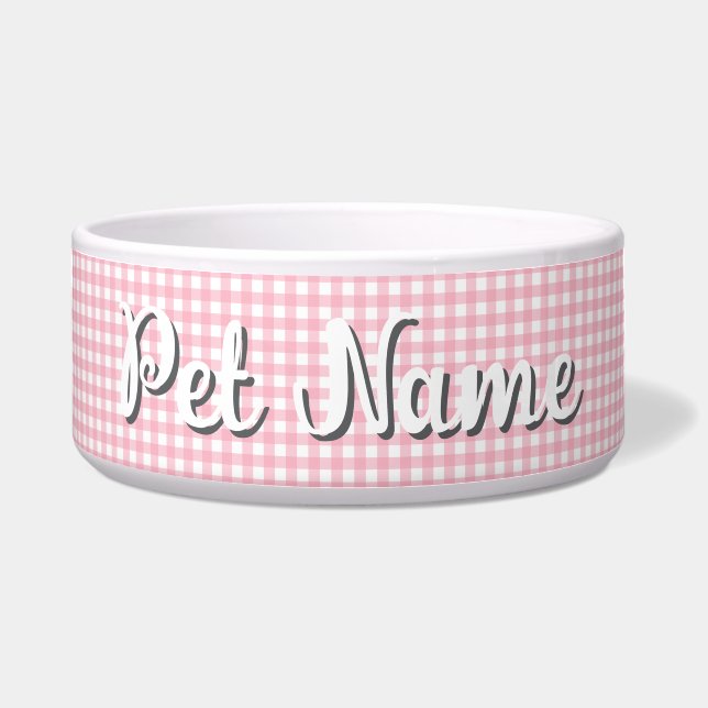 Custom Name Pink Checkerboard Pet Bowl (Front)