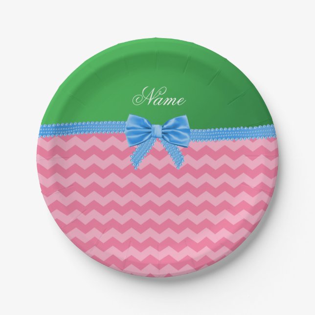 Custom name pink chevrons green blue bow paper plates (Front)