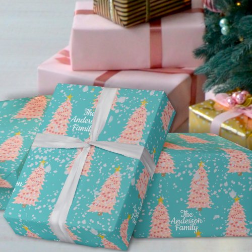 Custom Name Pink Christmas Trees on Aqua Blue Gift Wrapping Paper