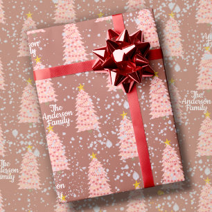 Custom Name Pink Christmas Trees on Mauve Modern Wrapping Paper