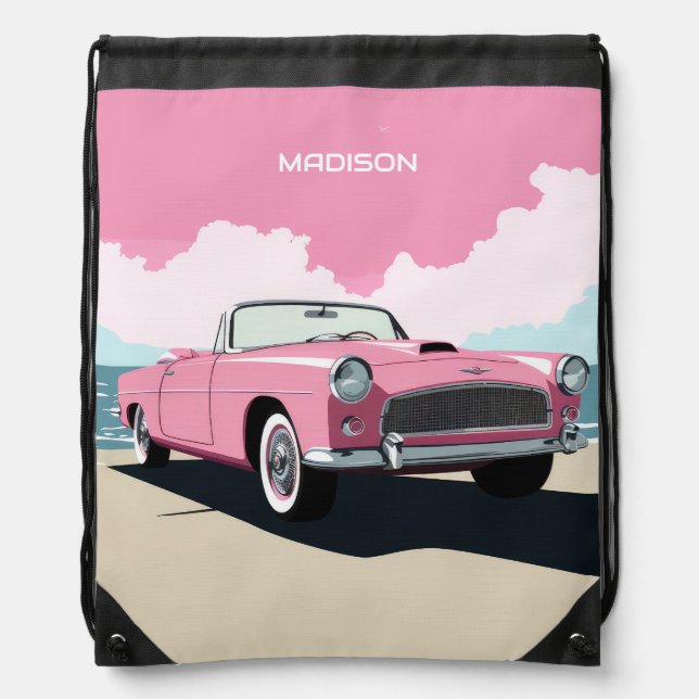 Custom Name Pink Classic Car Drawstring Bag (Front)