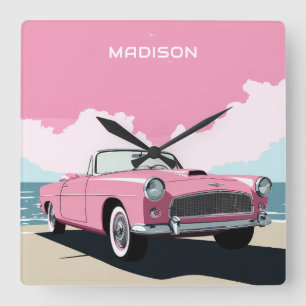 Custom Name Pink Classic Car Square Wall Clock