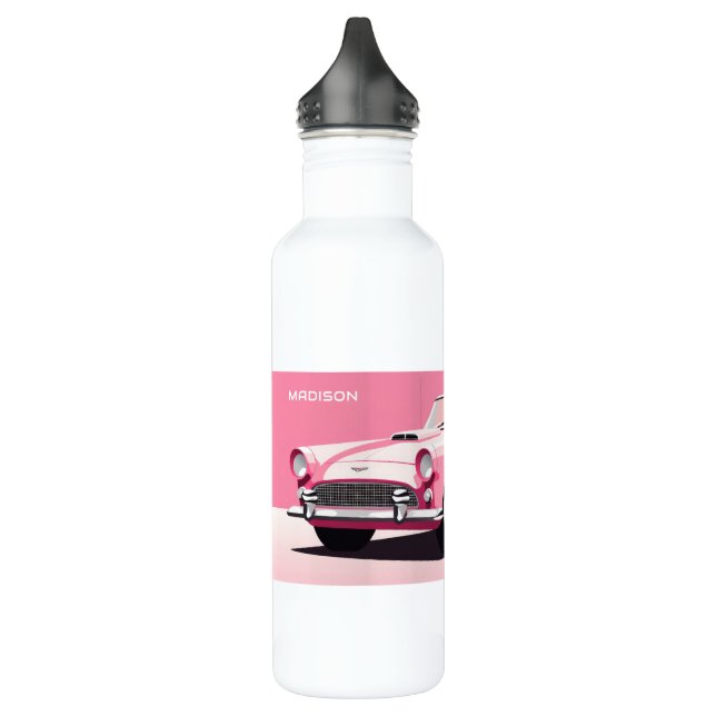 Custom Name Pink Classic Car Stainless Steel Water Bottle (Left)