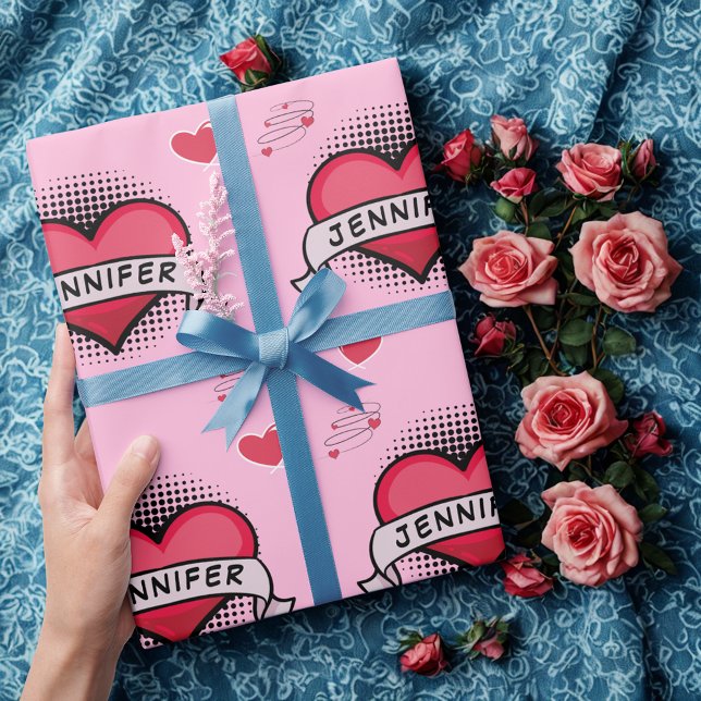 Custom Name Pink Comic Love Gift Wrapping Paper (Creator Uploaded)