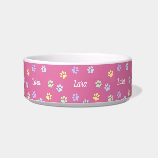 Custom Name Pink Cute Paws Bowl (Front)