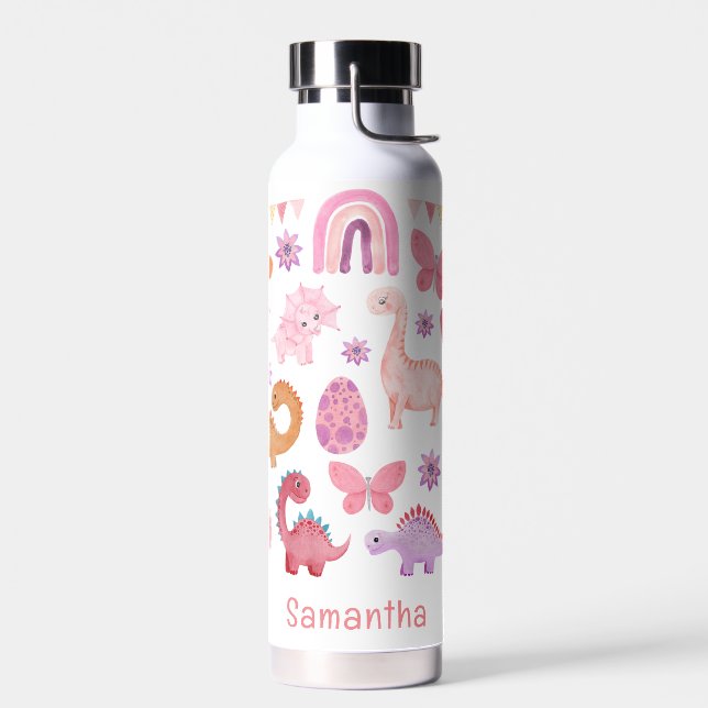 Custom Name Pink Dinosaurs Water Bottle (Left)