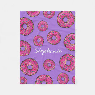 Custom Name Pink Donuts Purple Fleece Blanket