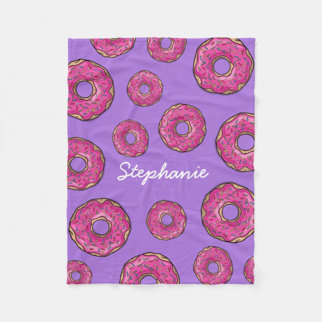 Custom Name Pink Donuts Purple Fleece Blanket (Front)
