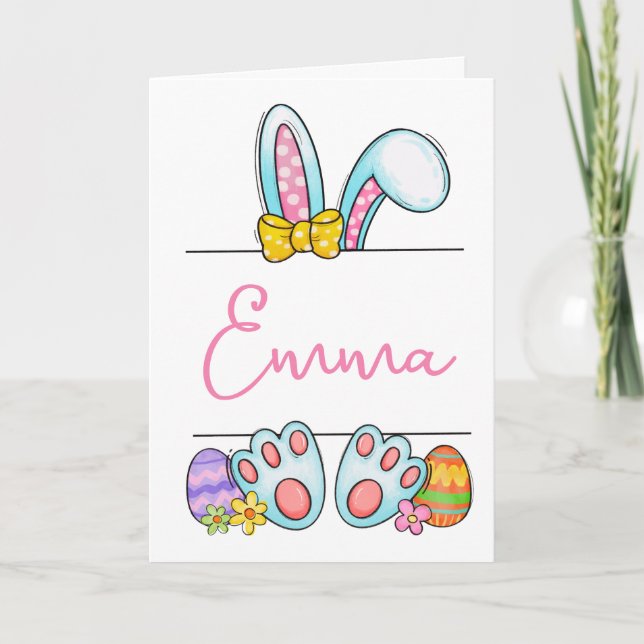 Custom Name Pink Easter Bunny  Holiday Card (Front)
