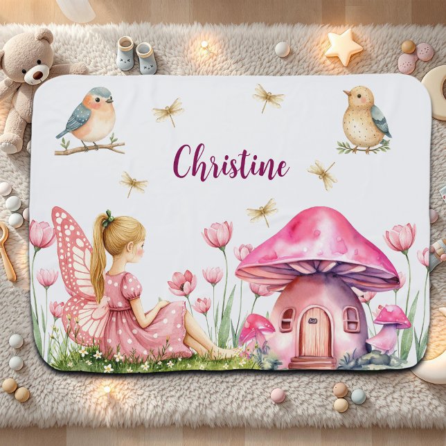 Custom Name Pink Fairy Mushrooms Baby Blanket (Creator Uploaded)