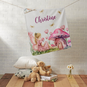 Custom Name Pink Fairy Mushrooms Baby Blanket