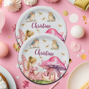 Custom Name Pink Fairy Mushrooms Paper Plates