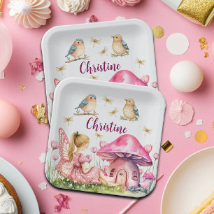 Custom Name Pink Fairy Mushrooms Paper Plates