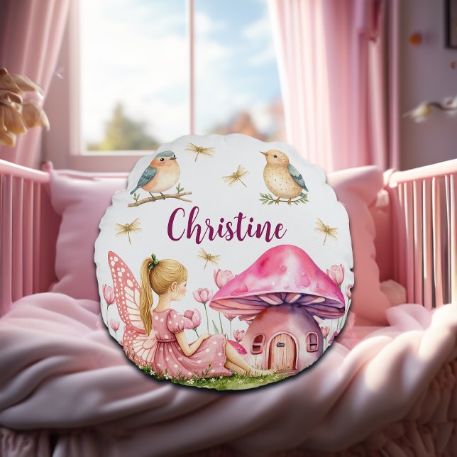 Custom Name Pink Fairy Mushrooms Round Pillow (Creator Uploaded)