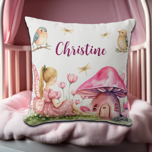 Custom Name Pink Fairy Mushrooms Throw Pillow (Creator Uploaded)
