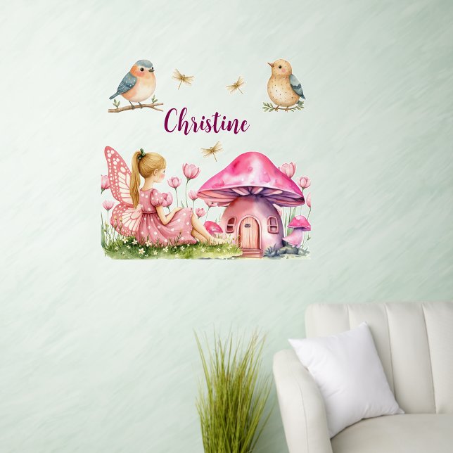 Custom Name Pink Fairy Mushrooms Wall Decal (Living Room)
