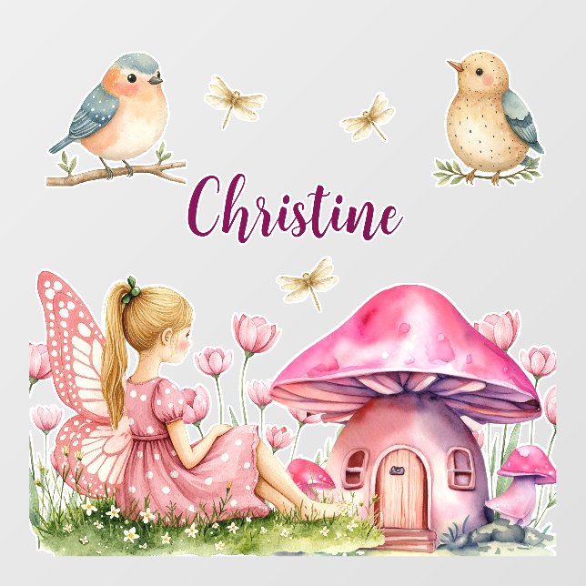 Custom Name Pink Fairy Mushrooms Wall Decal (Front)