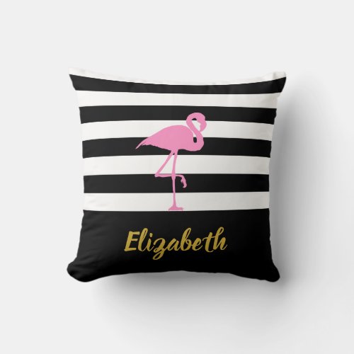 Custom Name  Pink Flamingo on Black and White Throw Pillow