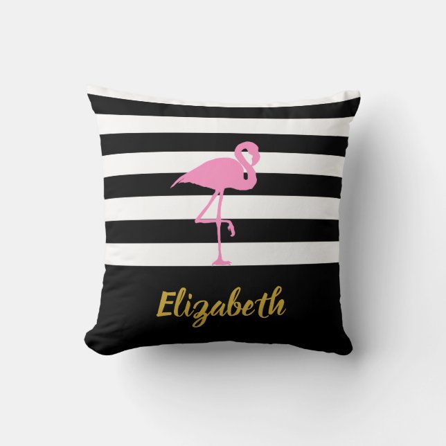 Custom Name | Pink Flamingo on Black and White Throw Pillow (Front)
