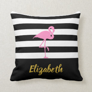 Custom Name Pink Flamingo on Black and White Throw Pillow