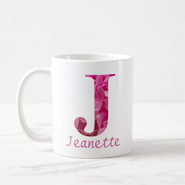 Custom Name Pink Floral Alphabet Letter "J" Mug (Left)