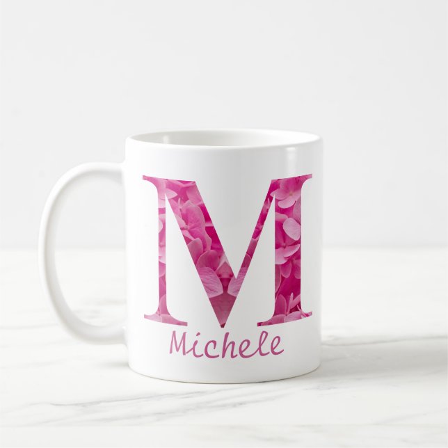Custom Name Pink Floral Alphabet Letter "M" Mug (Left)
