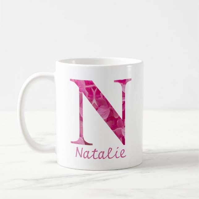 Custom Name Pink Floral Alphabet Letter "N" Mug (Left)