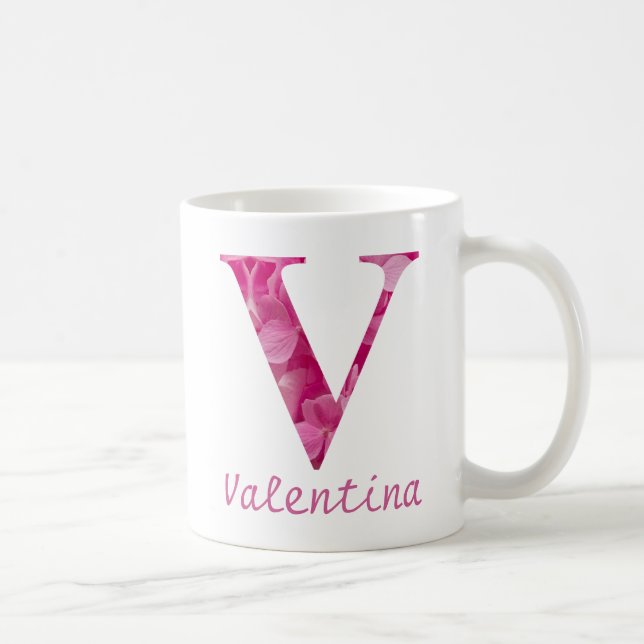 Custom Name Pink Floral Alphabet Letter "V" Mug (Right)