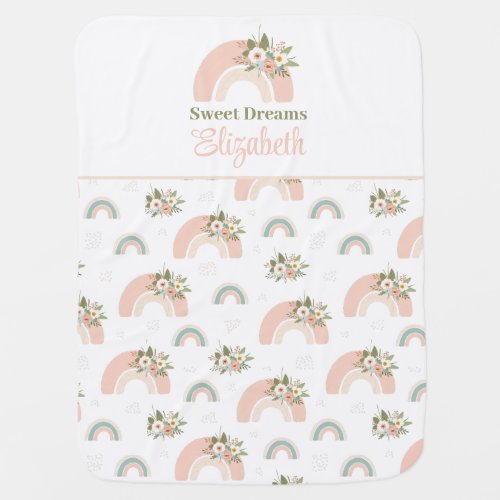 Custom Name Pink Floral Rainbow Baby Blanket