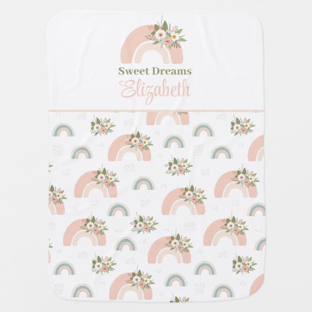 Custom Name Pink Floral Rainbow Baby Blanket (Front)