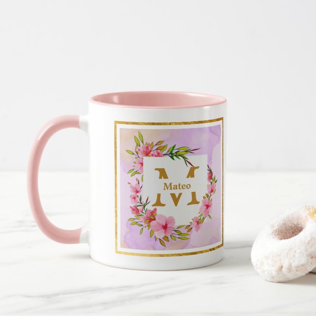 Custom Name Pink Floral Watercolor Mug (With Donut)