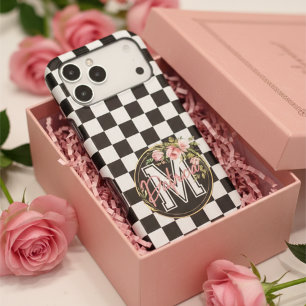 Custom Name Pink Flower Black & White Checkered iPhone 17 Pro Max Case