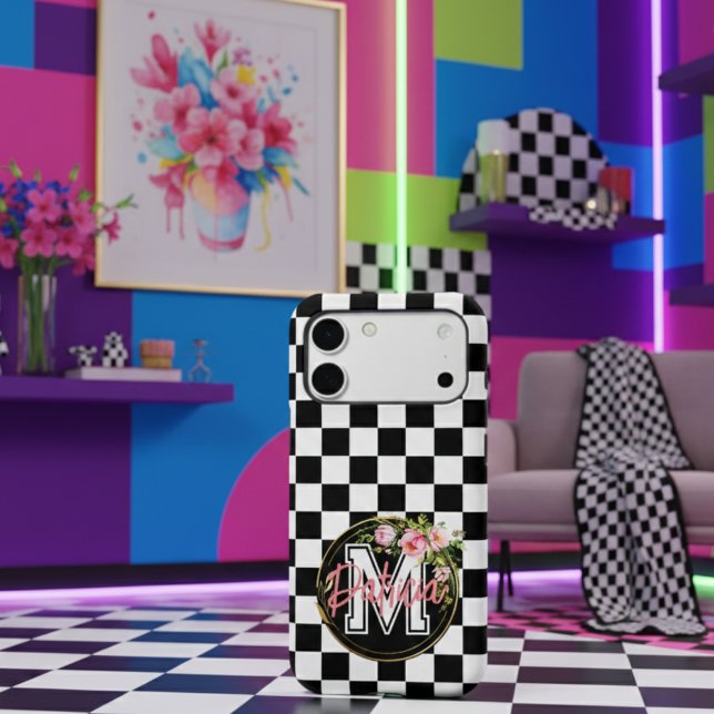 Custom Name Pink Flower Black & White Checkered Case-Mate iPhone Case (Creator Uploaded)