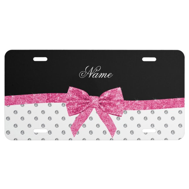 Custom name pink glitter bow white diamonds license plate (Front)