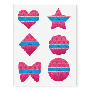 Custom name pink glitter damask blue stripe temporary tattoos