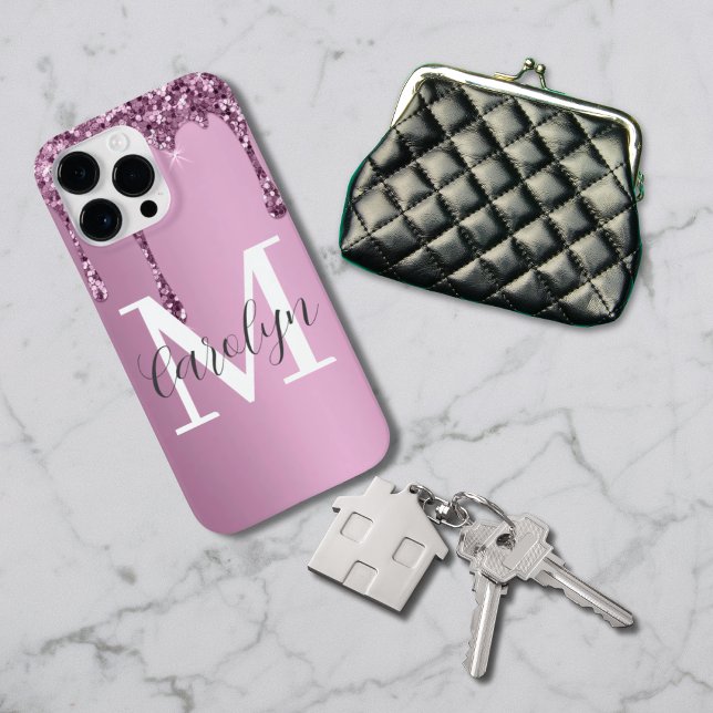 Custom Name Pink Glitter Drip Elegant Case-Mate iPhone Case (Creator Uploaded)