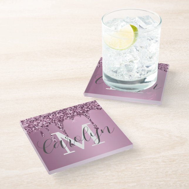 Custom Name Pink Glitter Drip Monogram Glass Coaster (Angled)