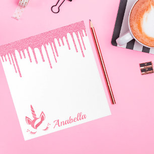 Custom Name Pink Glitter Drips Stars Unicorn Face Notepad