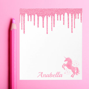 Custom Name Pink Glitter Drips Stars Unicorn Notepad