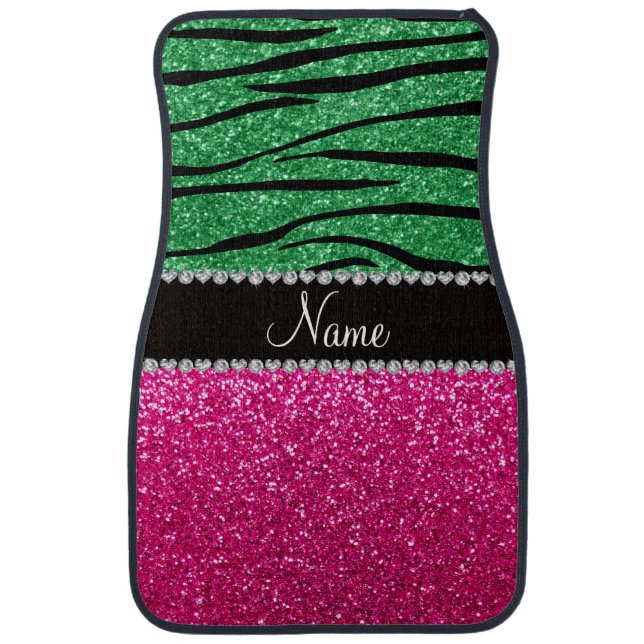 Custom name pink glitter green zebra stripes car mat (Front)