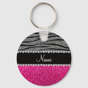Custom name pink glitter light gray zebra stripes keychain
