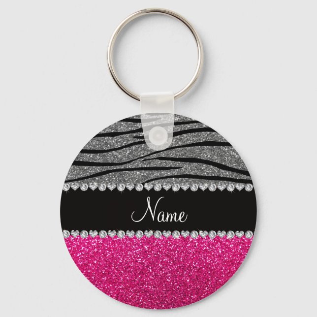 Custom name pink glitter light gray zebra stripes keychain (Front)