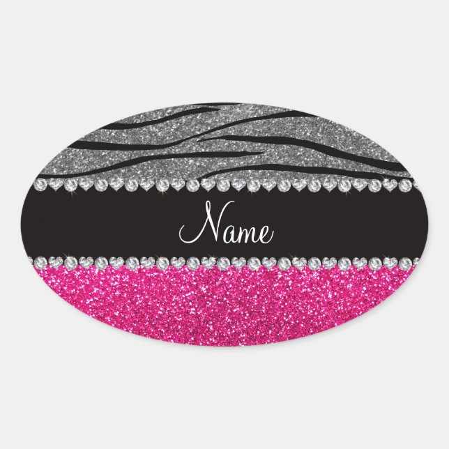 Custom name pink glitter light gray zebra stripes oval sticker (Front)